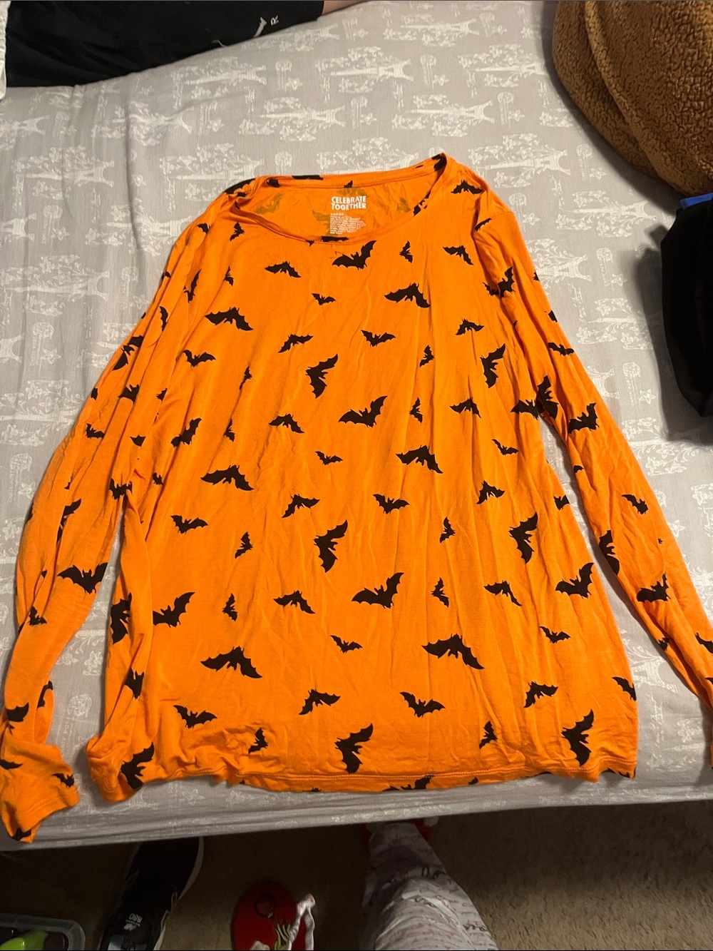 Celebrate & Gather Orange Long Sleeve Tee with Black Bat Print